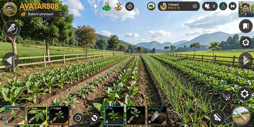 Screenshot gameplay AVATAR808 menunjukkan keindahan ladang yang dirawat dengan baik.