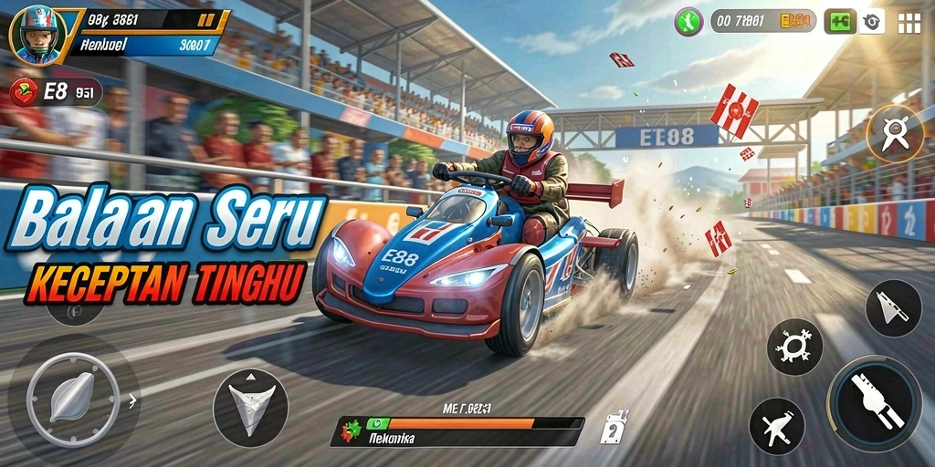 Screenshot E88 menampilkan aksi balapan yang mendebarkan dan mobil berkecepatan tinggi.