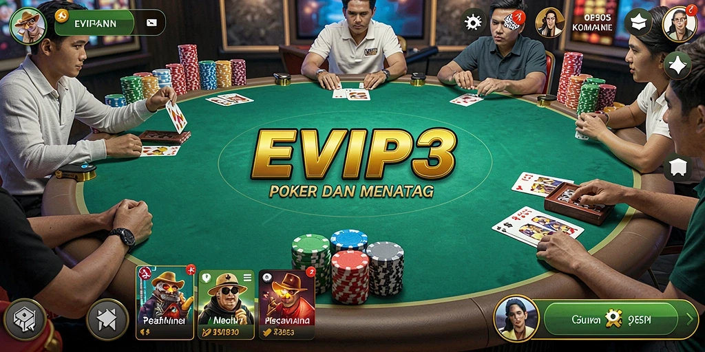 Screenshot EVIP3 menunjukkan keseruan bermain poker yang mendebarkan.