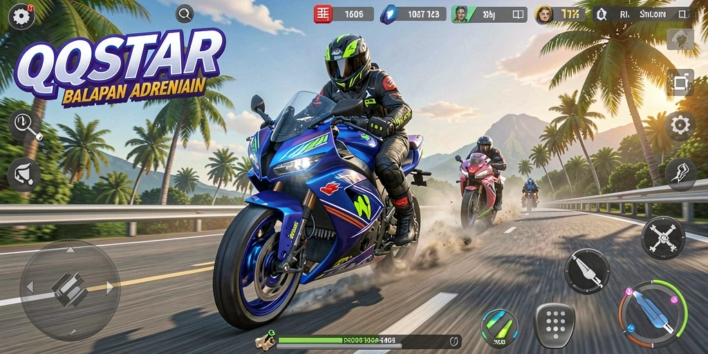 Screenshot gameplay QQSTAR dengan balapan motor yang mendebarkan.