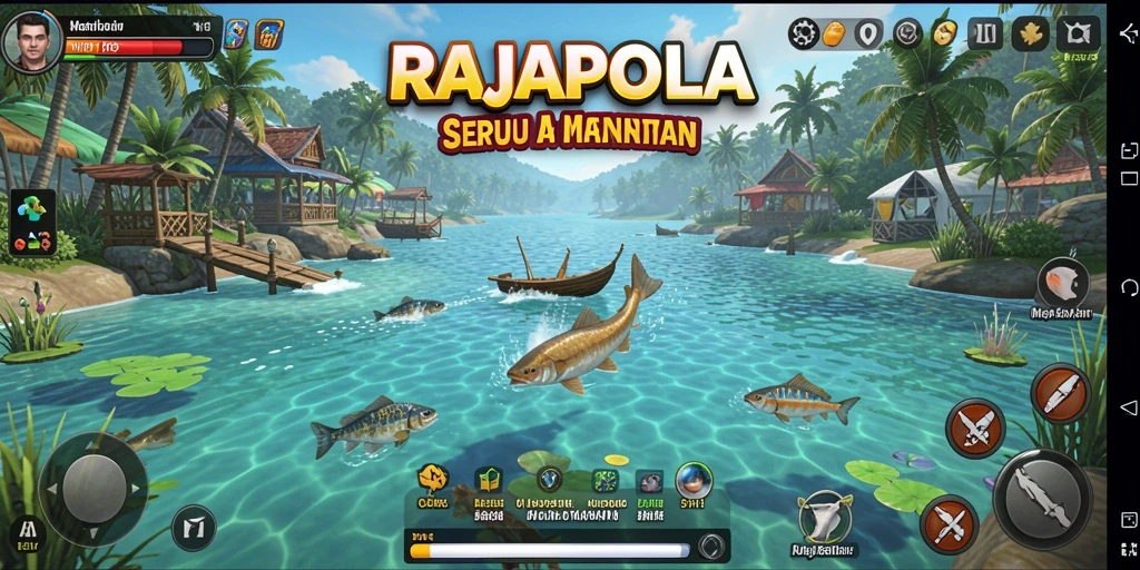 Screenshot gameplay RAJAPOLA menampilkan aksi memancing yang seru dan indah.